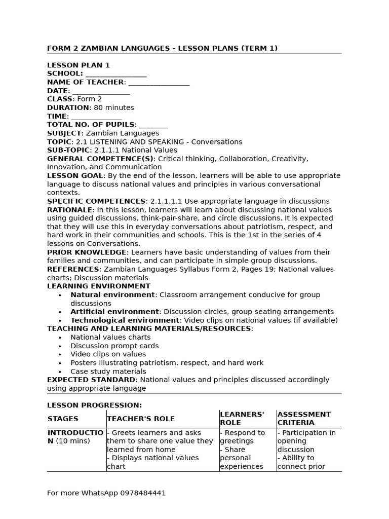 Zambian Languages Form 2 Lesson Plans | PDF | Lesson Plan | Learning