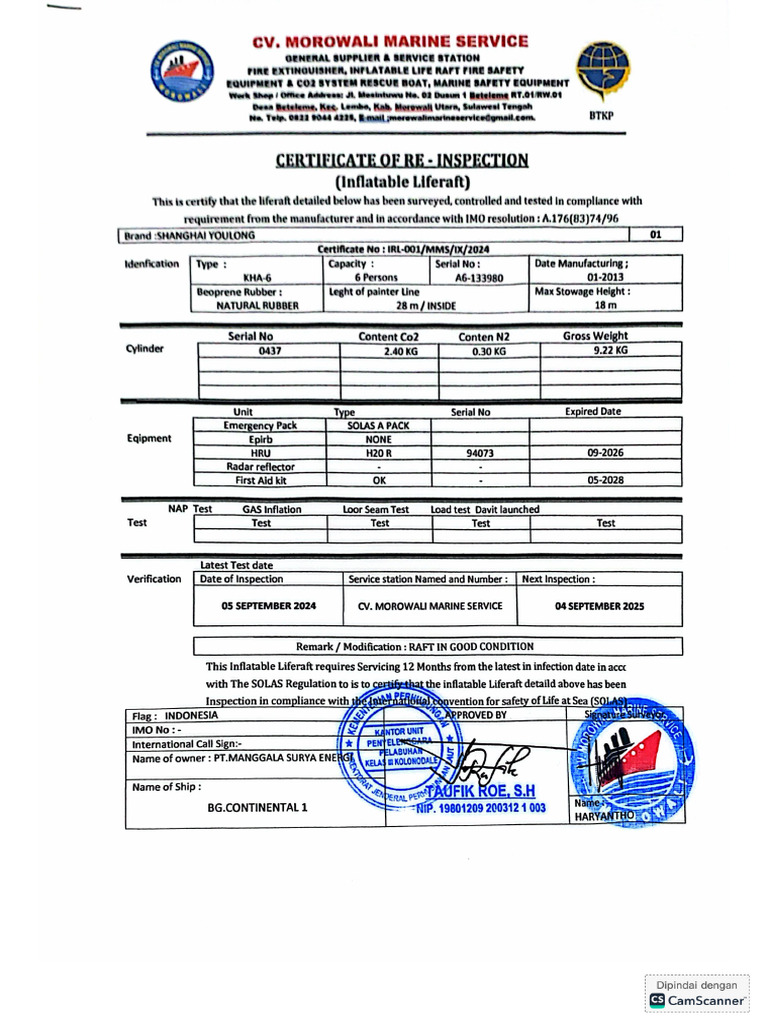 Certificate Re Inspectio Continetal | PDF