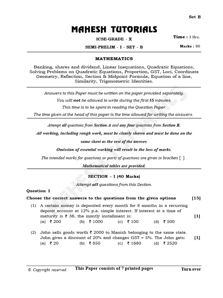 ICSE Grade X Mathematics Exam Paper | PDF | Equations | Mathematics