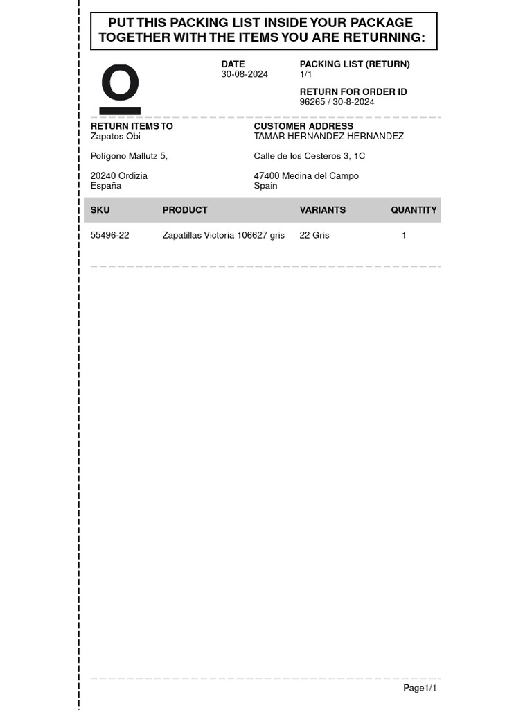 Return Packing List for Order 96265 | PDF