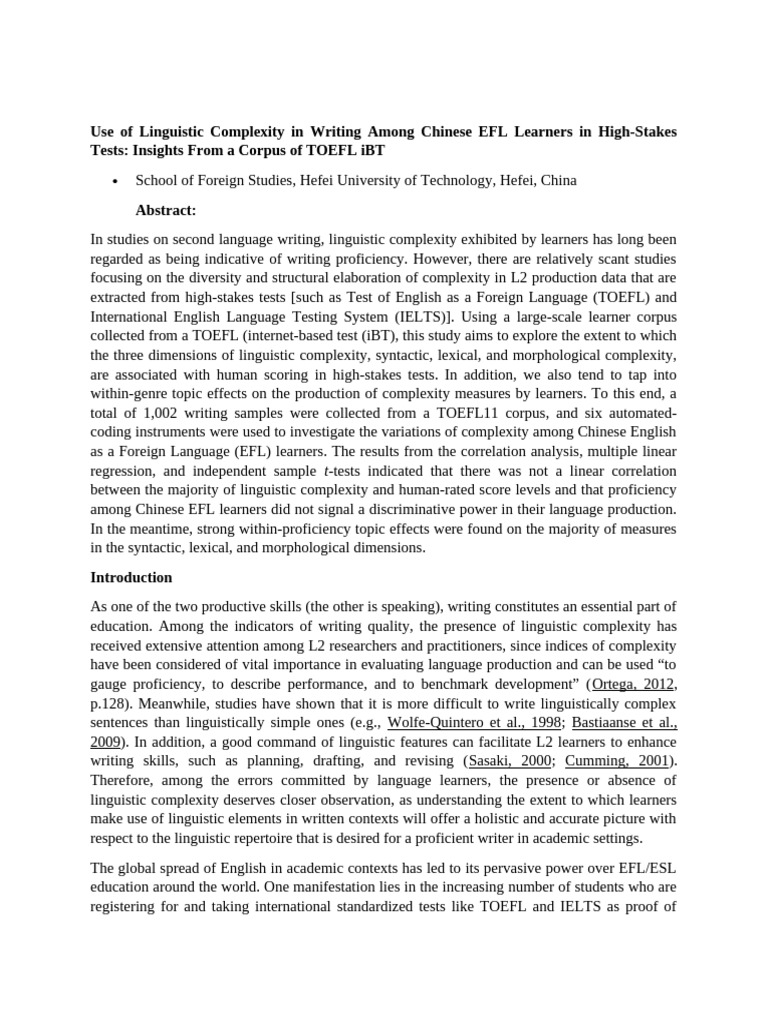 Linguistic Complexity in Chinese EFL Writing | PDF | Second Language ...