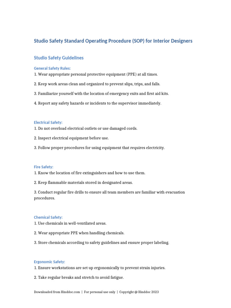 Studio Safety SOP for Team Management and Skill Development | PDF