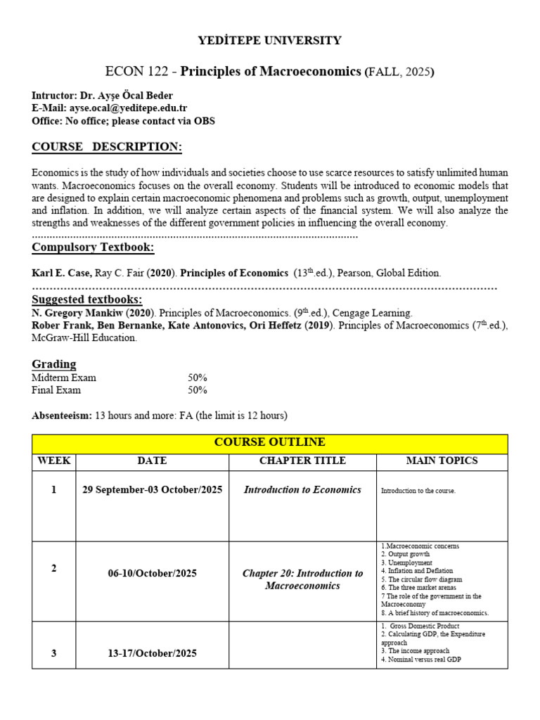 ECON 122 Syllabus Fall 2025 | PDF | Macroeconomics | Gross Domestic Product