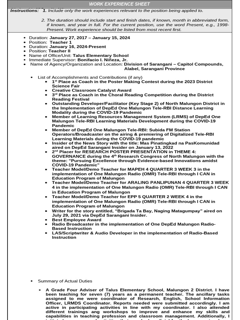 Teacher Work Experience Sheet | PDF | Teachers | Intelligence