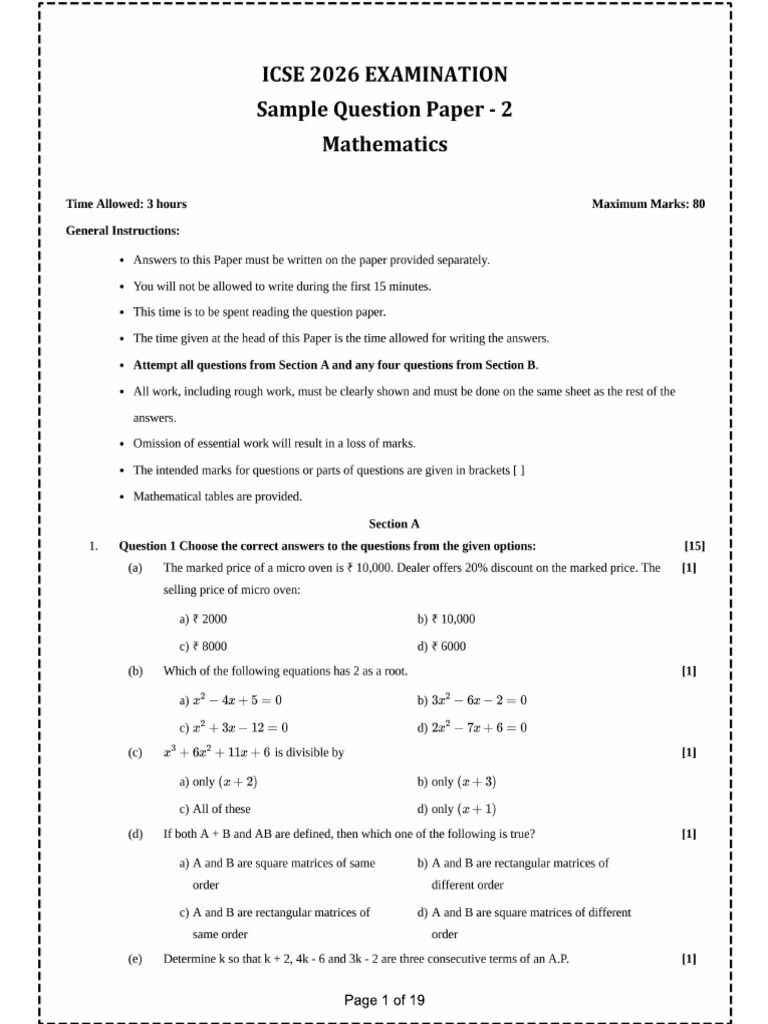 ICSE 10 - Sample Question Paper - 2 - QP | PDF