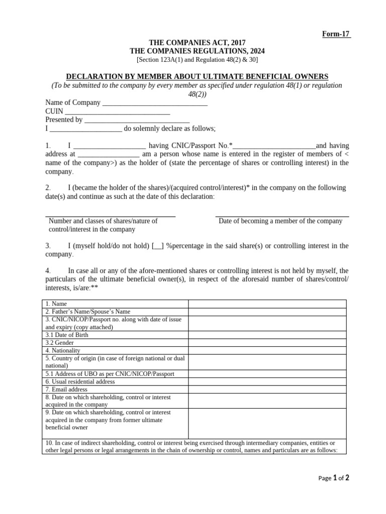 Form-17 - Declaration Member UBOs - SRO 1356 of 2025 | PDF ...