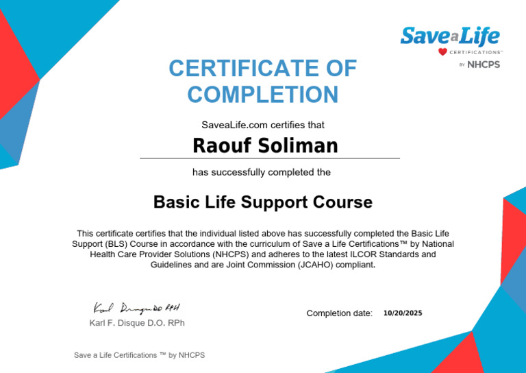 Basic Life Support Course Certificate | PDF