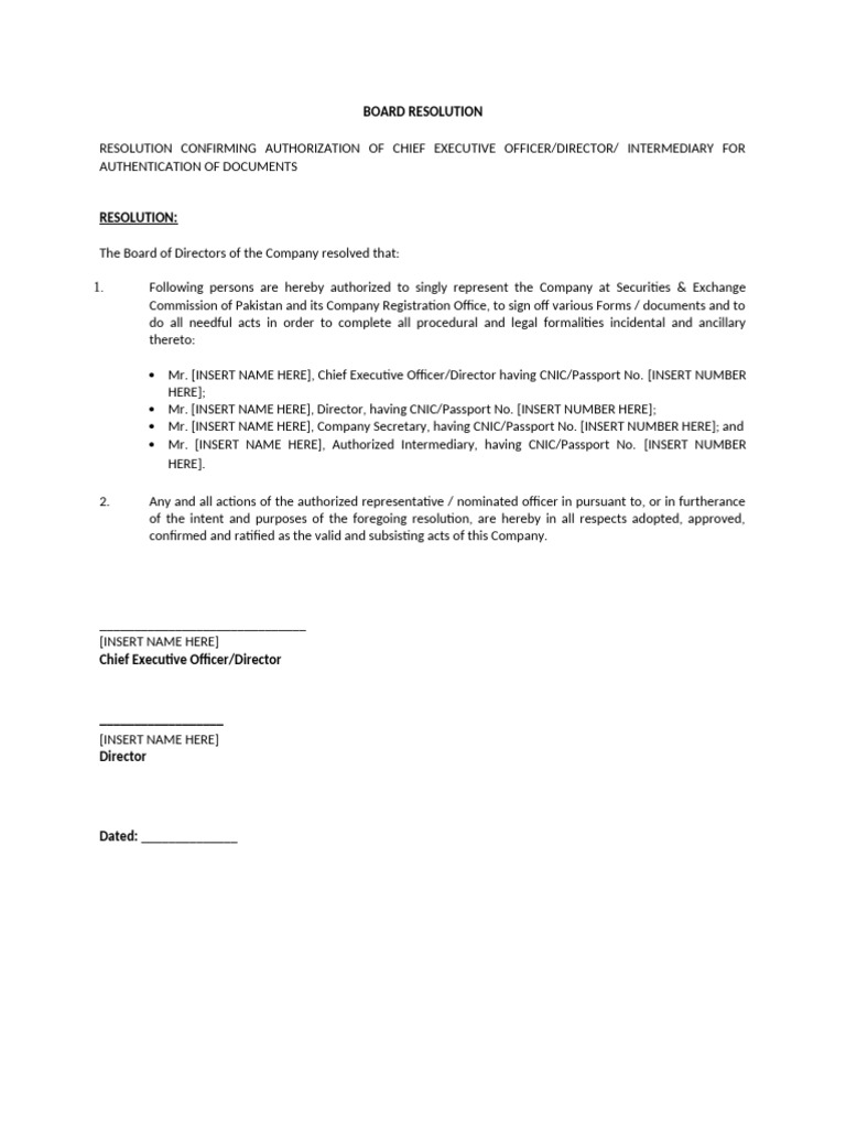 CEO Authorization Board Resolution | PDF