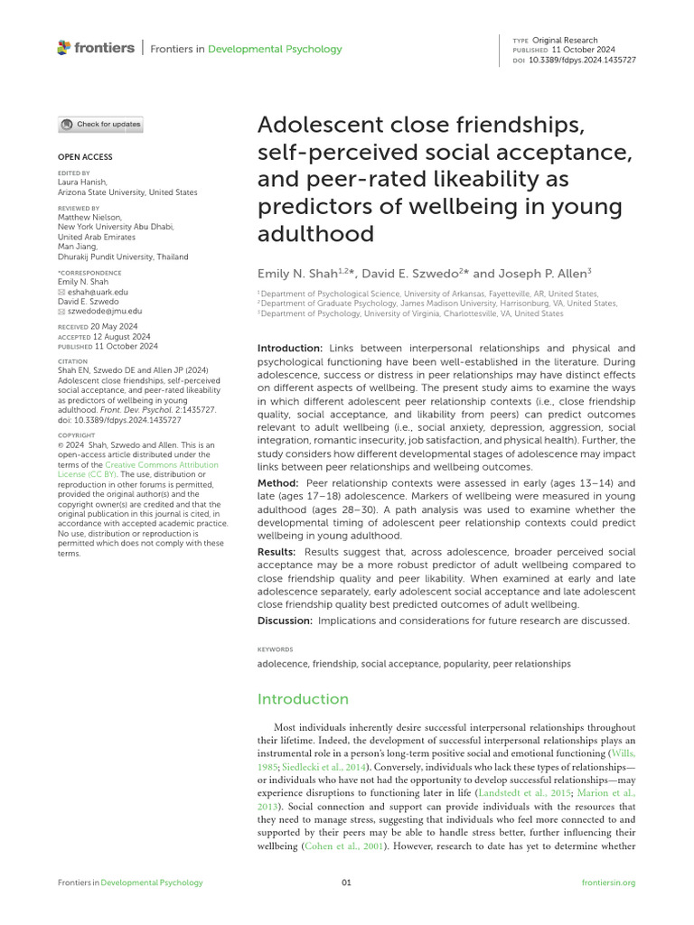Adolescent Friendships and Adult Wellbeing | PDF | Adolescence | Friendship