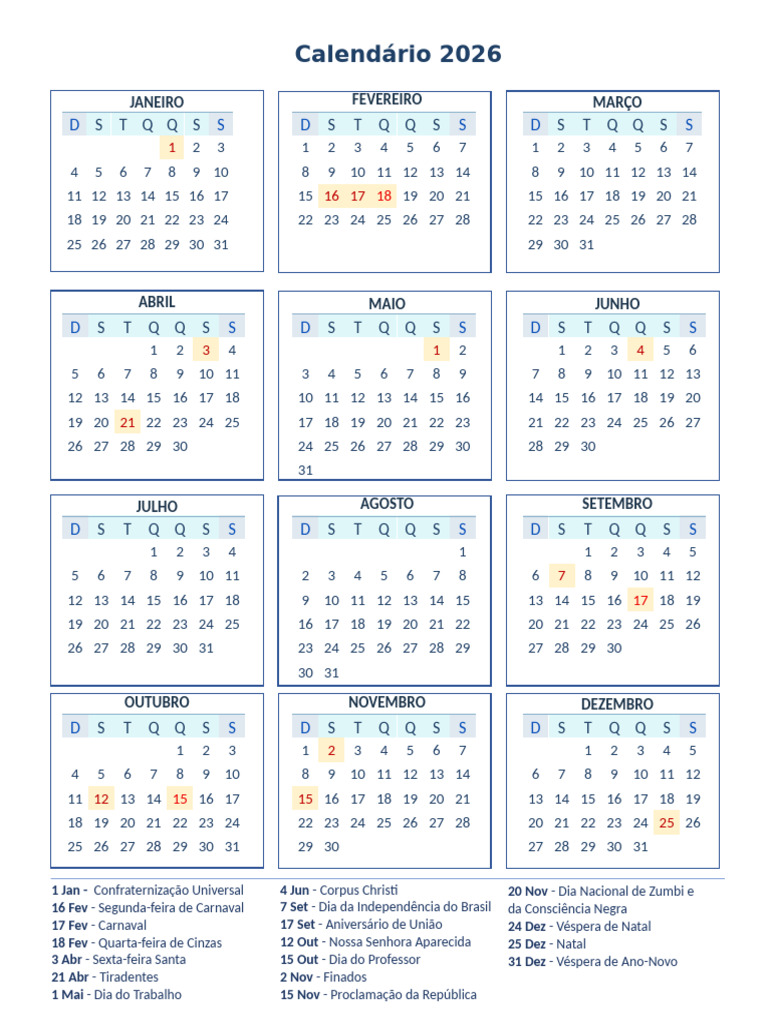 Calendário 2026 com Feriados Brasileiros | PDF