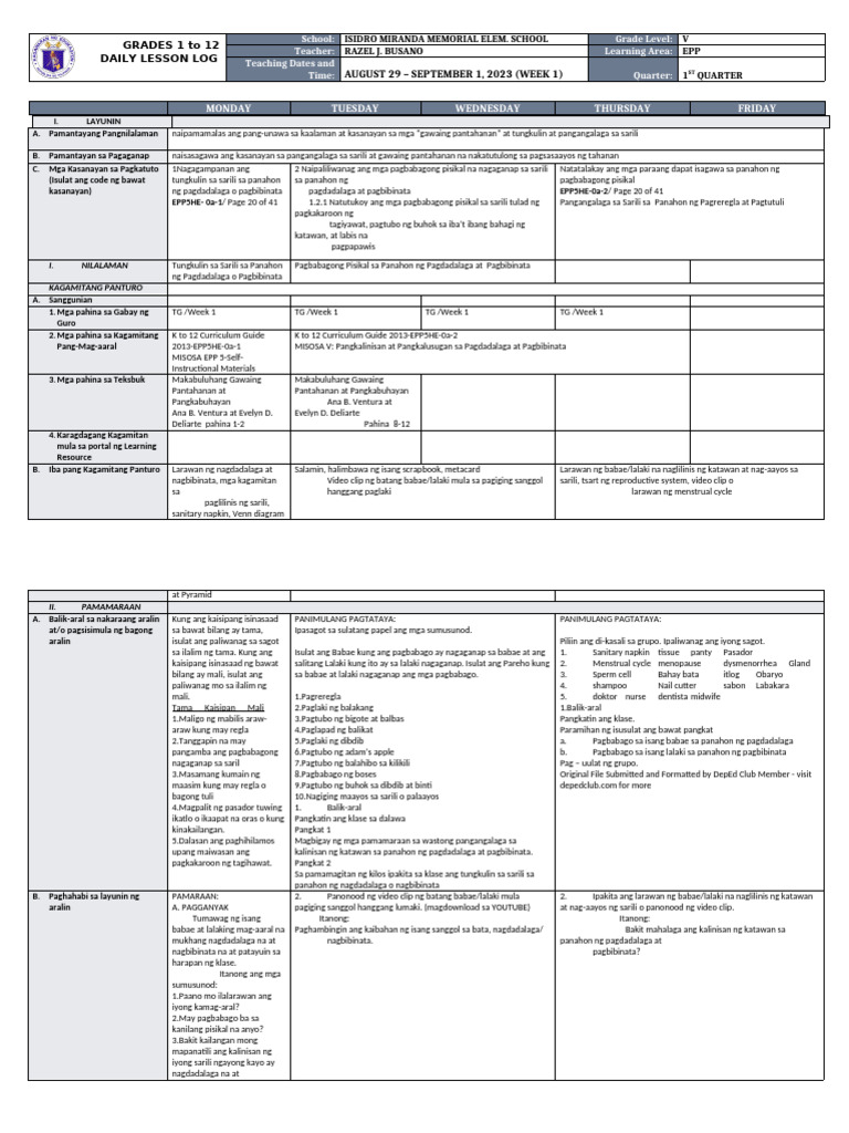 DLL - Epp 5 - Q1 - W1 | PDF