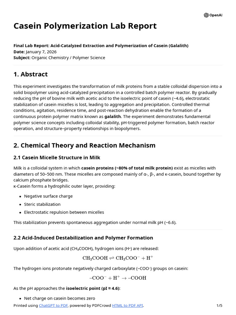 Casein Polymerization Lab Report | PDF