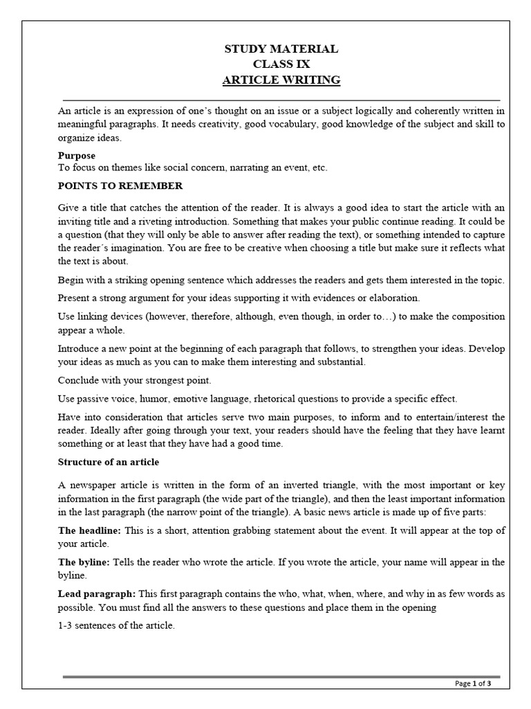Article Writing Guide for Class IX | PDF | Cognition | Human Communication