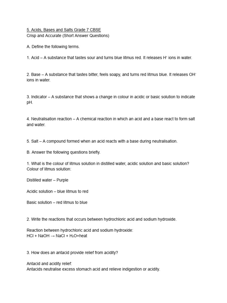 Acids, Bases and Salts Grade 7 Cbse q and A | PDF