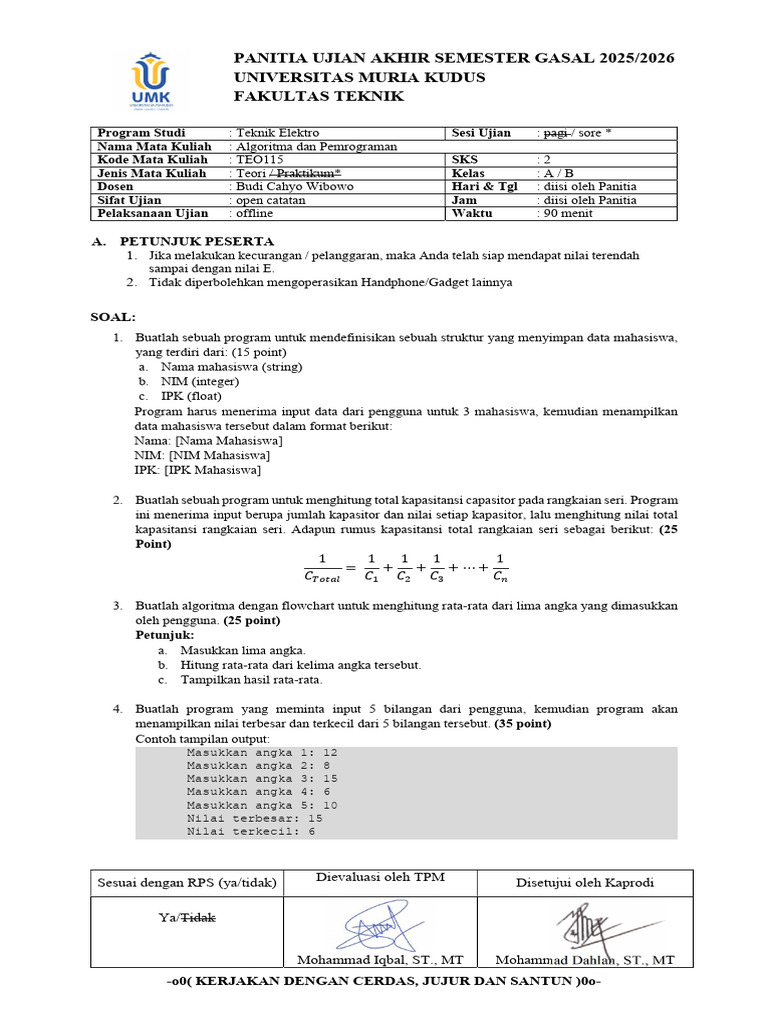 Ujian Algoritma dan Pemrograman 2025/2026 | PDF