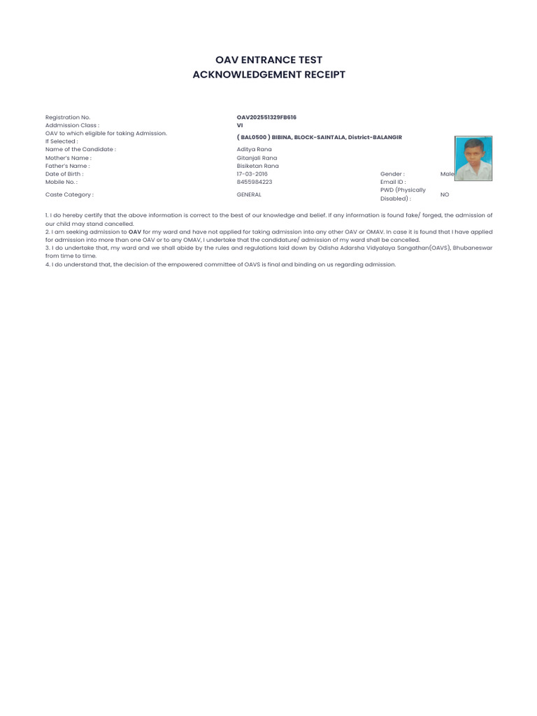 OAV Entrance Test Acknowledgement Receipt | PDF