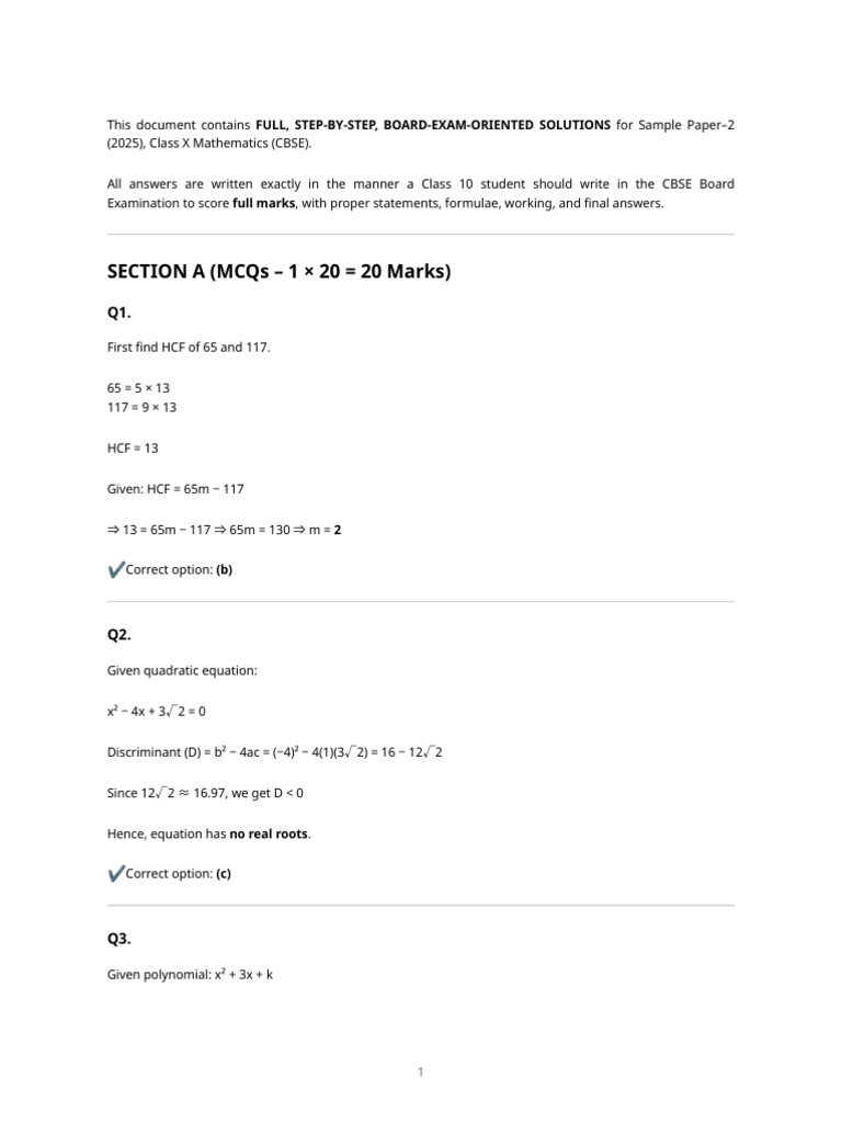 Class X CBSE Math Exam Solutions | PDF | Mathematics | Algebra