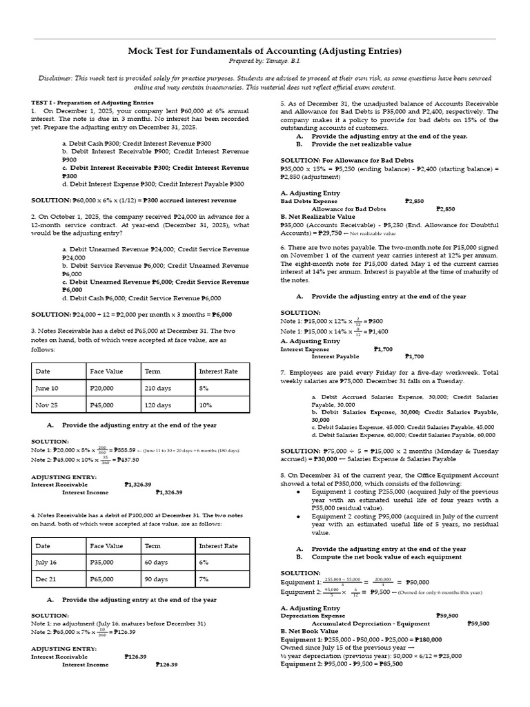Mock Test: Adjusting Entries in Accounting | PDF | Debits And Credits ...