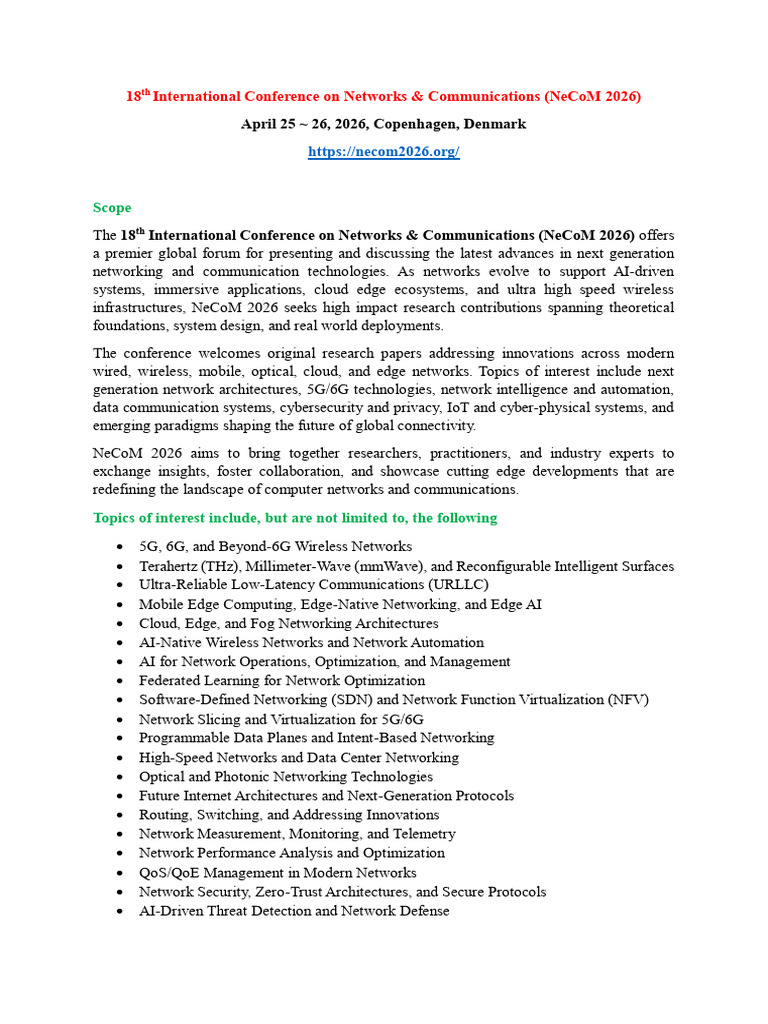 NeCoM 2026: Networks & Communications Conference | PDF | Computer ...