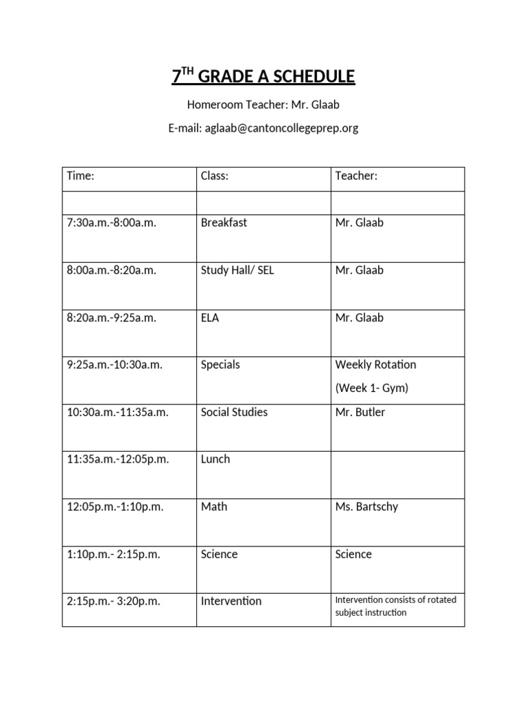 7th Grade Class Schedule Overview | PDF