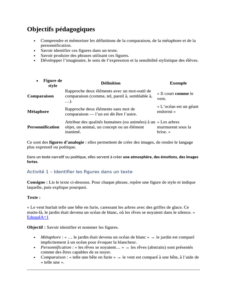 Figures de style : Comparaison, Métaphore, Personnification | PDF ...