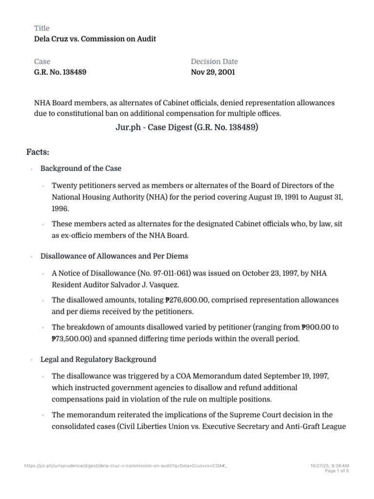 Dela Cruz vs. COA: Representation Allowances | PDF | Legal Documents ...