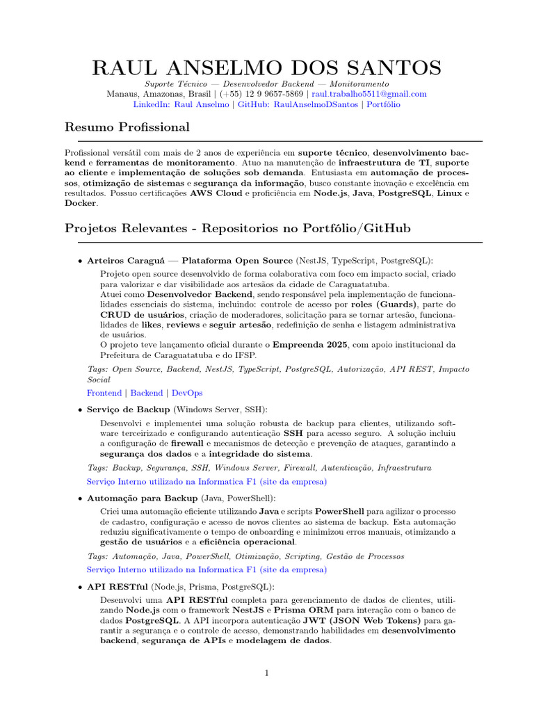 Desenvolvedor Backend e Suporte Técnico | PDF | Postgre SQL ...