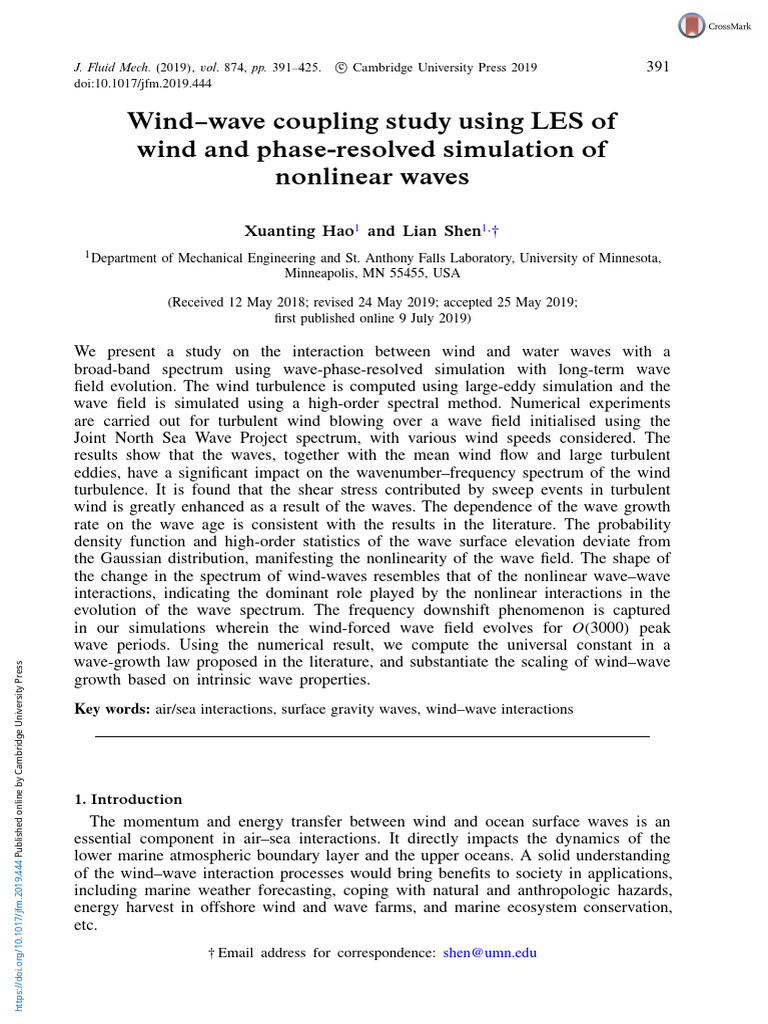 Hao LianShen JFM 2019 Wind Wave Coupling Study Using Les of Wind and ...