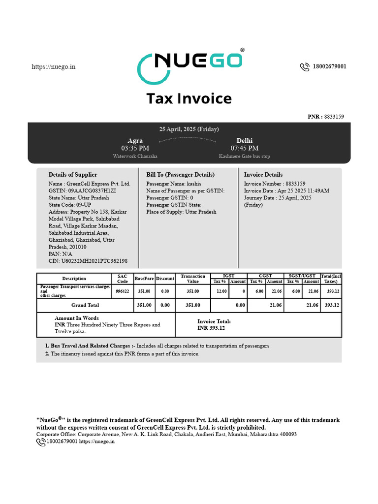 Bus Invoice for Agra to Delhi Travel | PDF | Transport