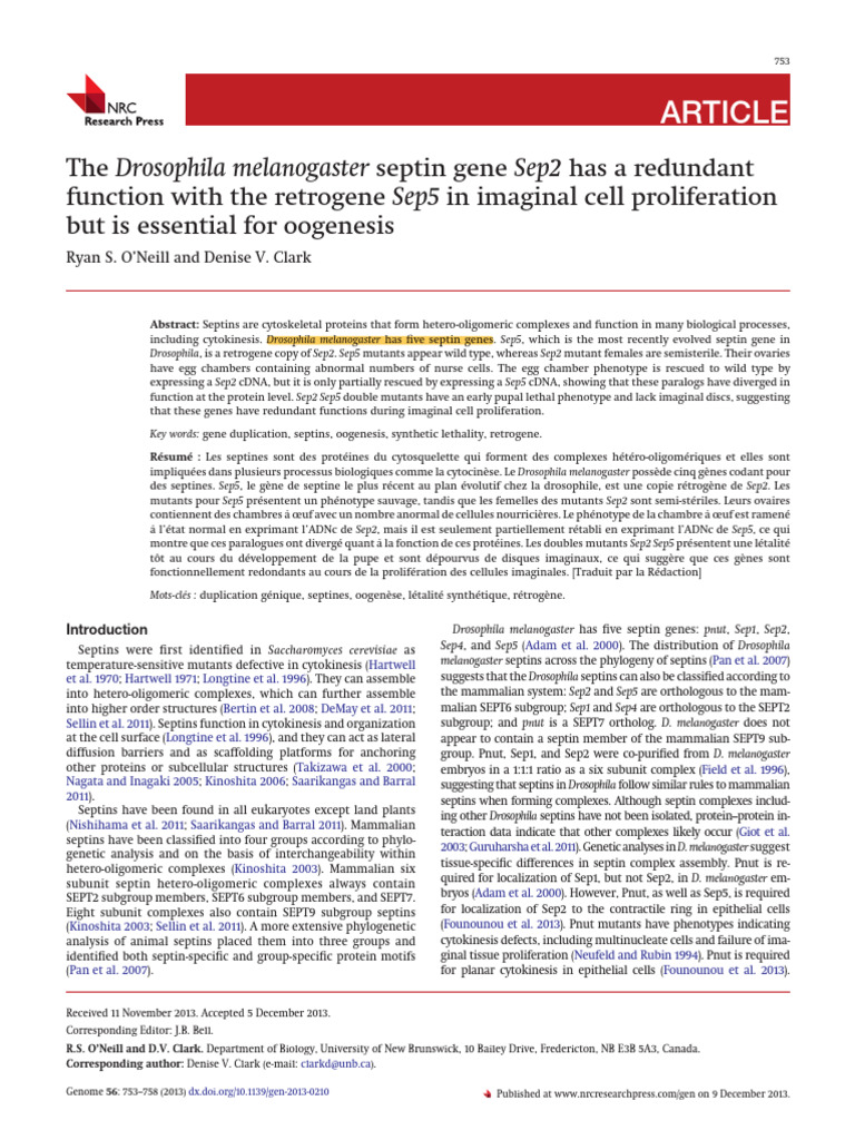 the Drosophila Melanogaster Septin Gene Sep2 Has a Redundant Function ...