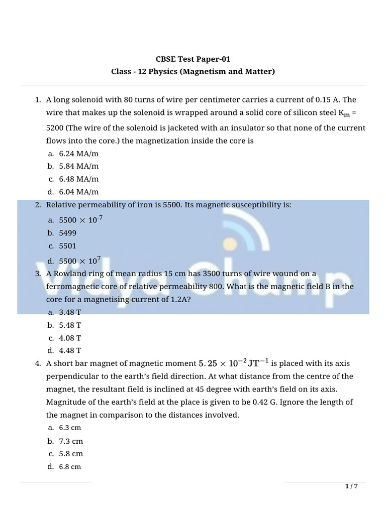 Class 12 Physics Magnetism Test Paper | PDF | Magnetic Field | Magnetism