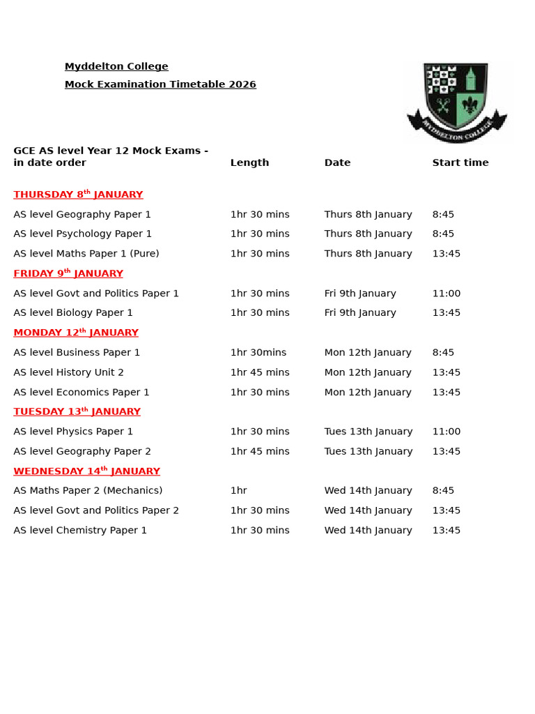 As Level Mock Timetable Jan 2028 | PDF
