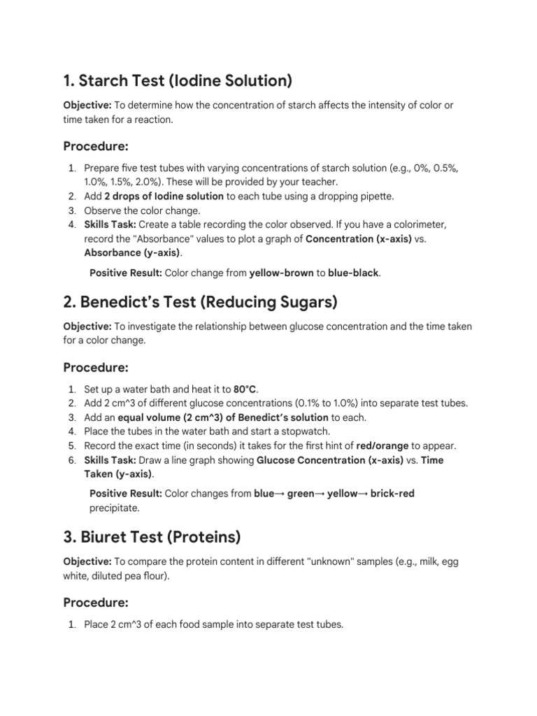 Nutrient Tests: Starch, Sugars, Proteins, Fats | PDF | Chemistry