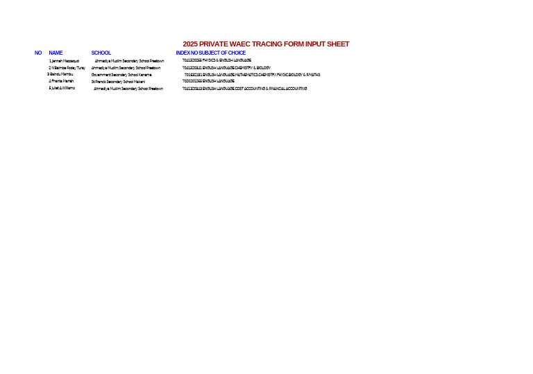 2025 WAEC Tracing Form Input Sheet | PDF
