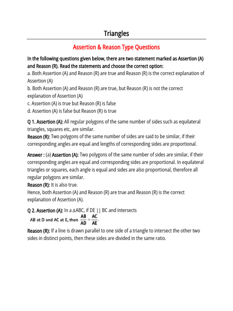 Assertion and Reason Questions on Triangles | PDF | Triangle ...