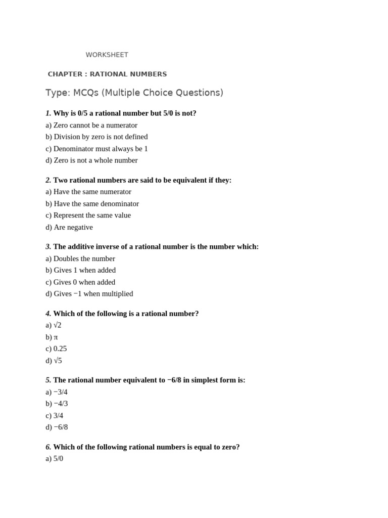 Rational Numbers Worksheet | PDF