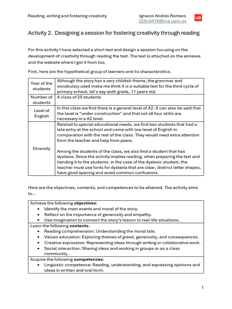 Activity 2. Designing a Session for Fostering Creativity Through ...