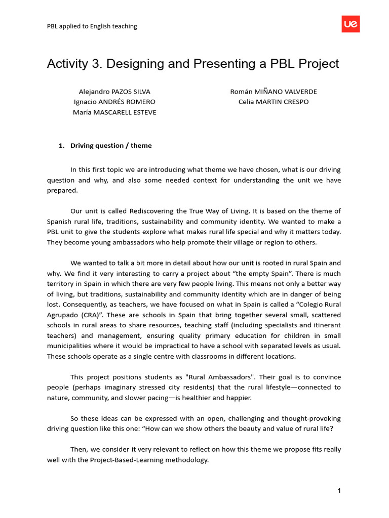 Activity 3. Designing and Presenting a PBL Project | PDF | Educational ...