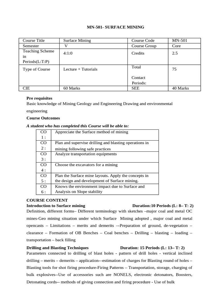 Surface Mining Course MN-501 Overview | PDF | Surface Mining | Mining