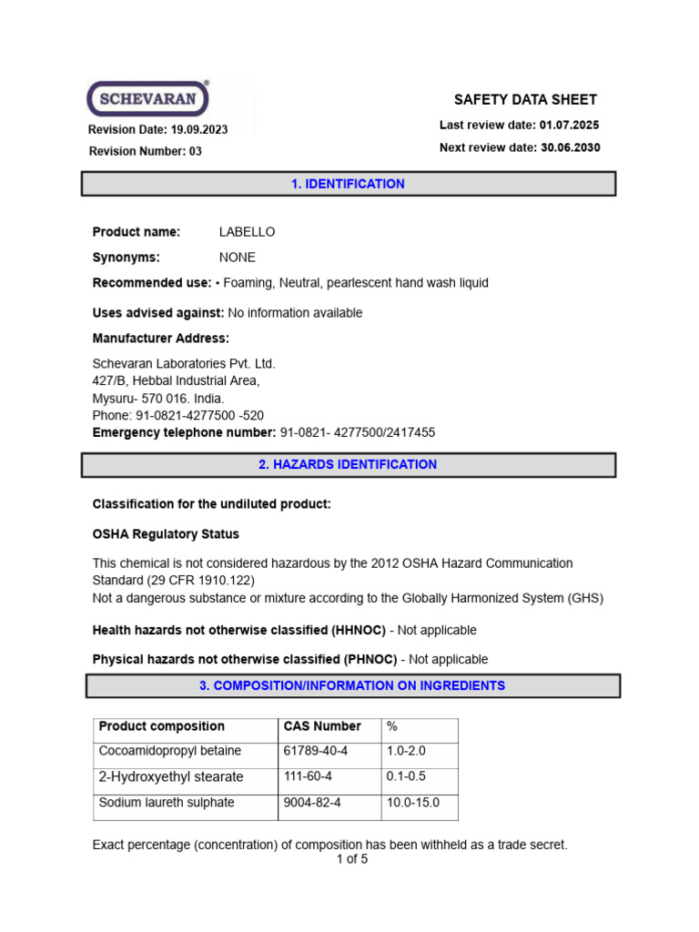Labello Pearlescent Hand Wash SDS | PDF | Personal Protective Equipment ...