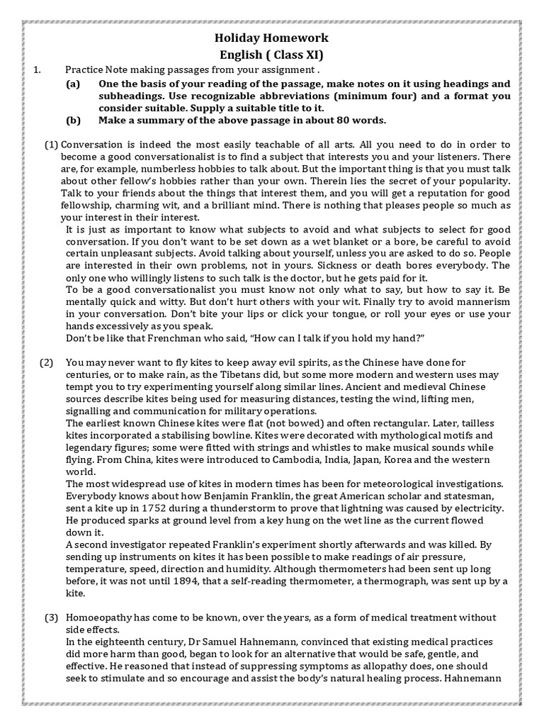 Class XI Holiday Homework Guide | PDF | Kite | Homeopathy