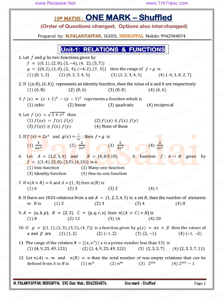 10th Maths One Marks Book Back Shuffled Questions English Medium | PDF
