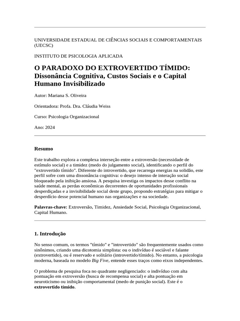 Extrovertido Tímido: Dissonância e Impactos | PDF | Extroversão e ...