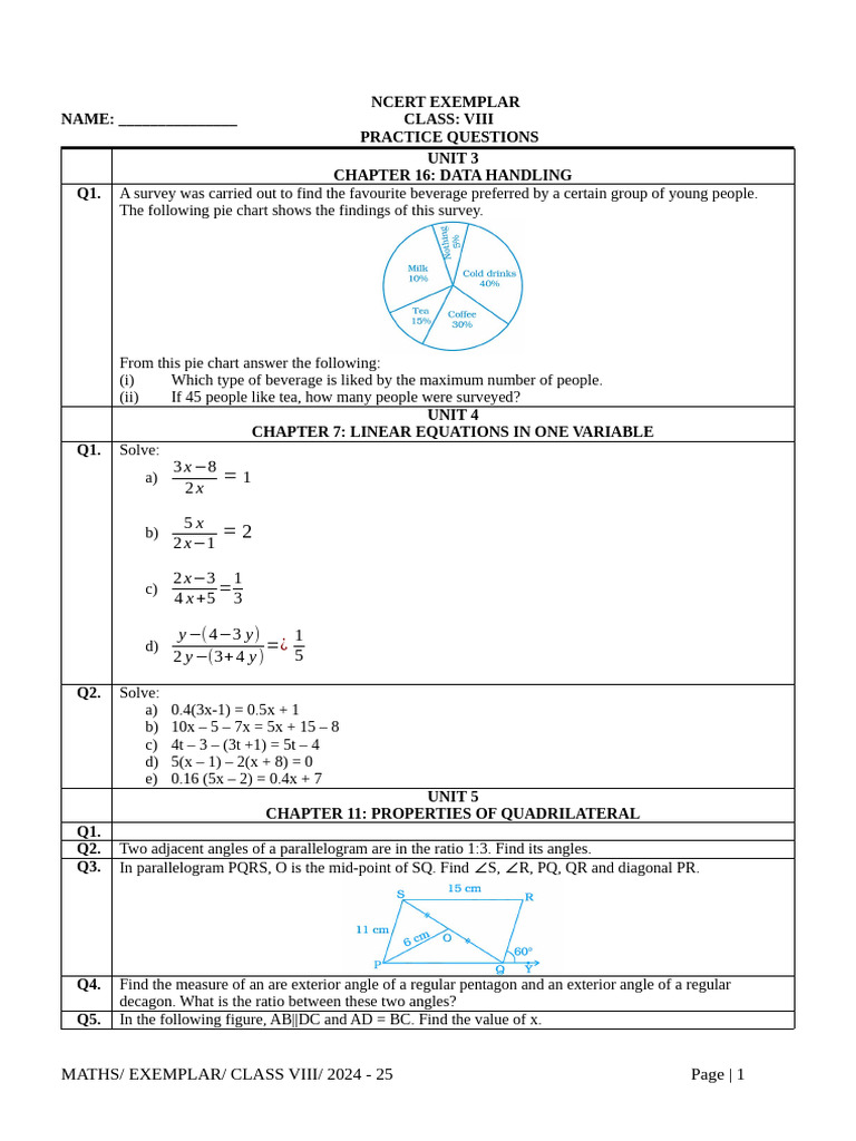 Class VIII Maths Exemplar Practice Questions | PDF | Area