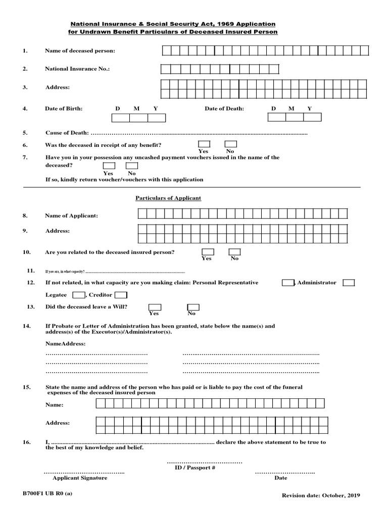 FORM B700F1 UB R0 Application For Undrawn Benefit | PDF | Probate
