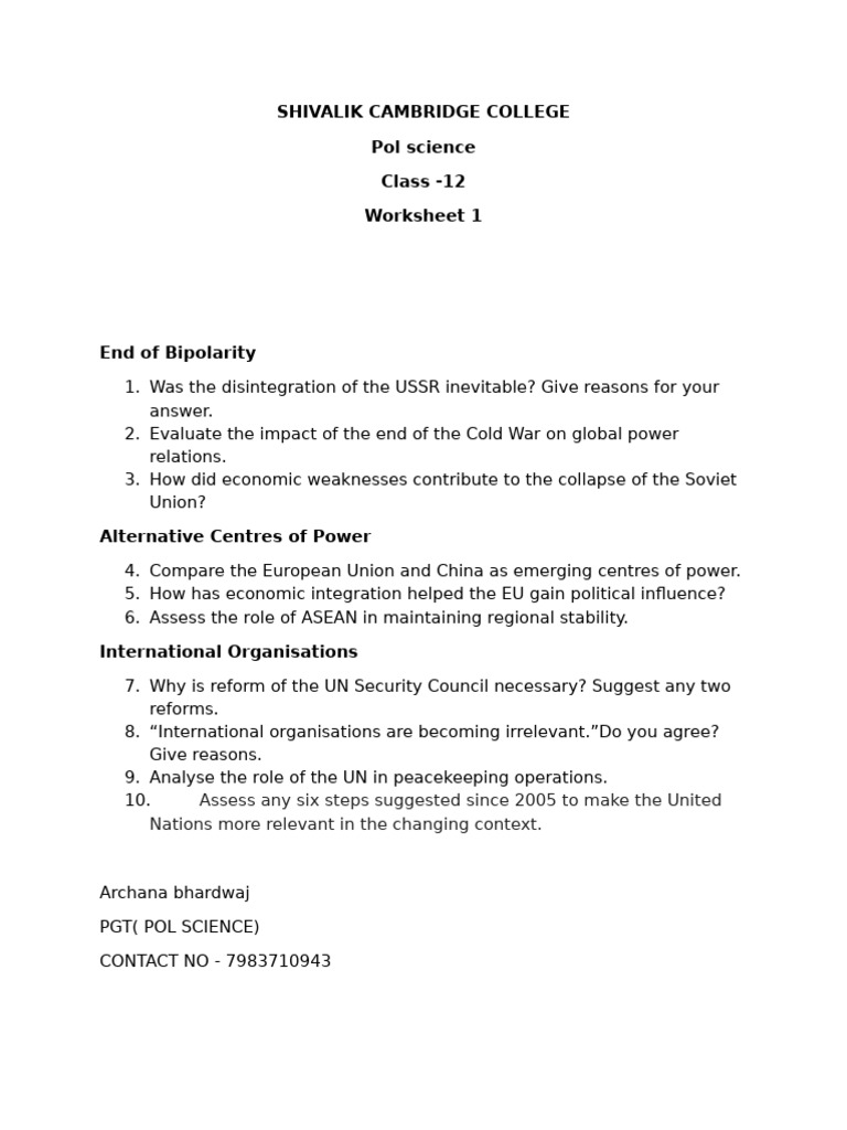 Worksheet 1 of Pol Science For 12 G | PDF