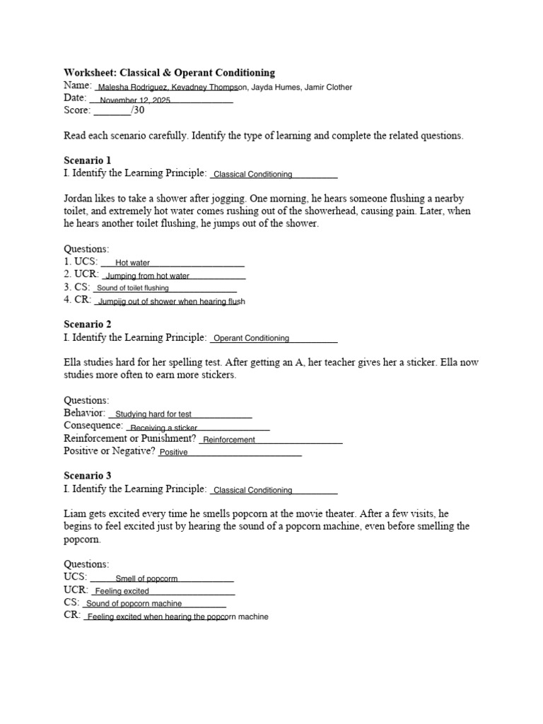Classical & Operant Conditioning Worksheet | PDF | Classical ...