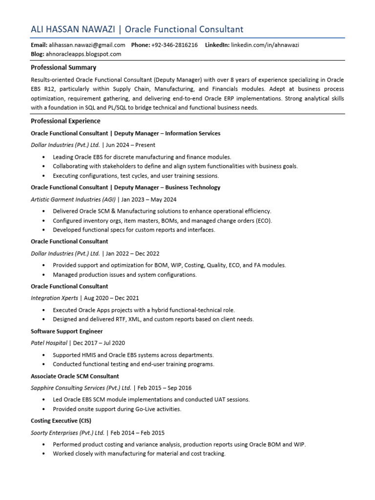 Ali Hassan Nawazi Oracle Functional Consultant CV | PDF | Oracle ...