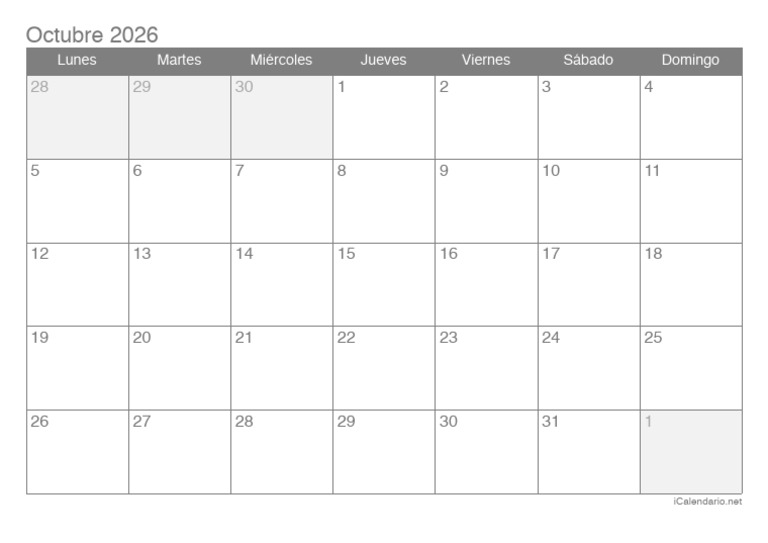 Calendario de Octubre 2026 | PDF
