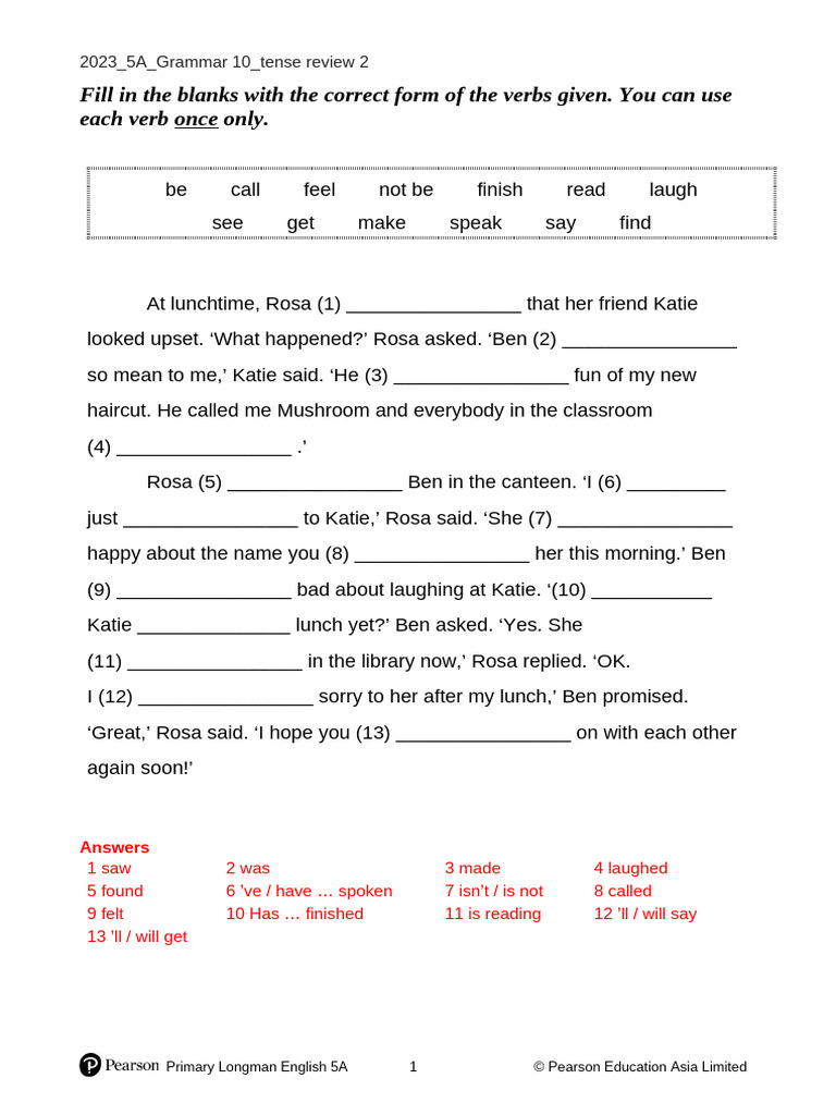 2023 - 5A - Grammar 10 - Tense Review 2 | PDF